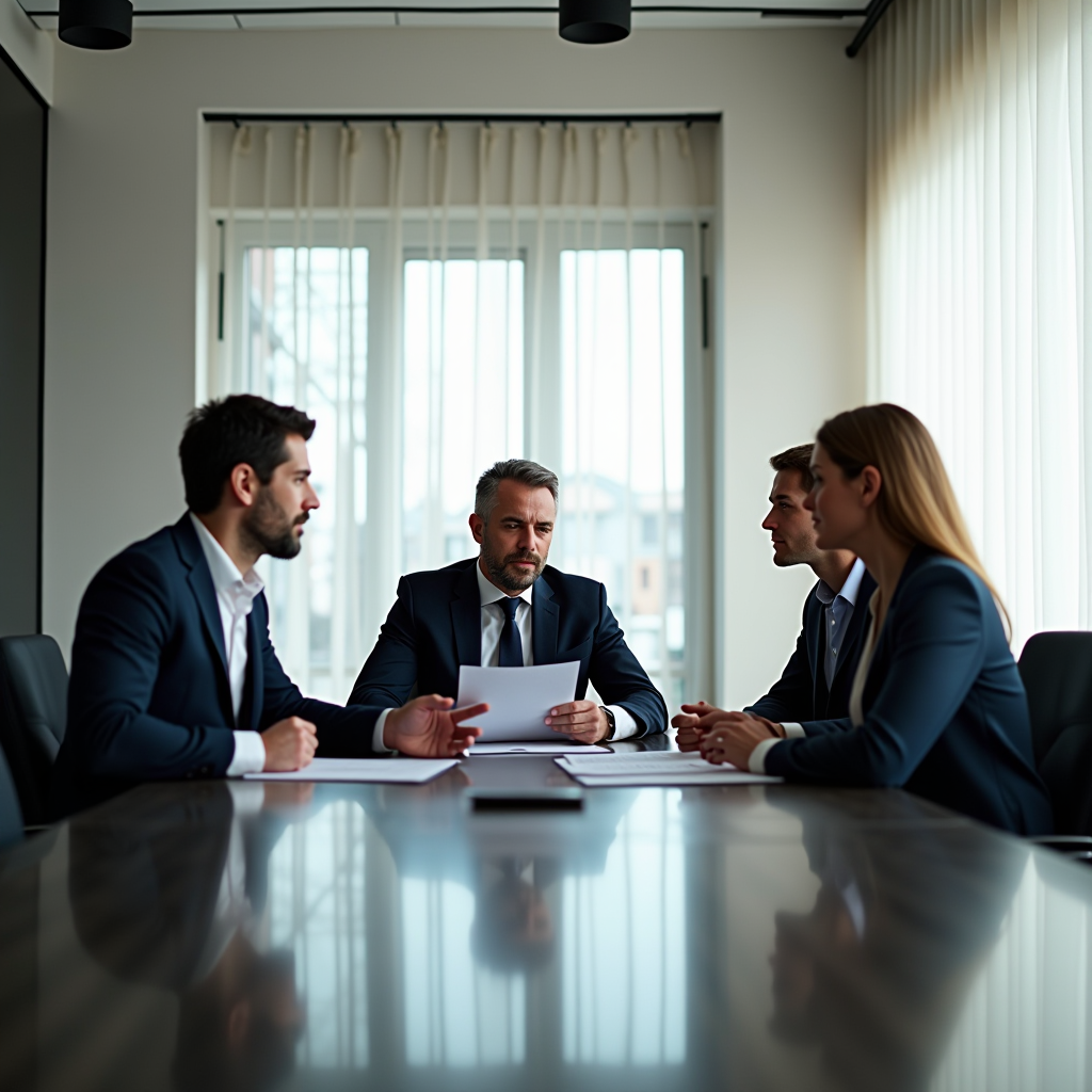 Professionelle Finanzberatung - Modernes Büro mit Finanzexperten, die an einem Konferenztisch sitzen und Geschäftsdokumente besprechen, helle und vertrauenswürdige Atmosphäre