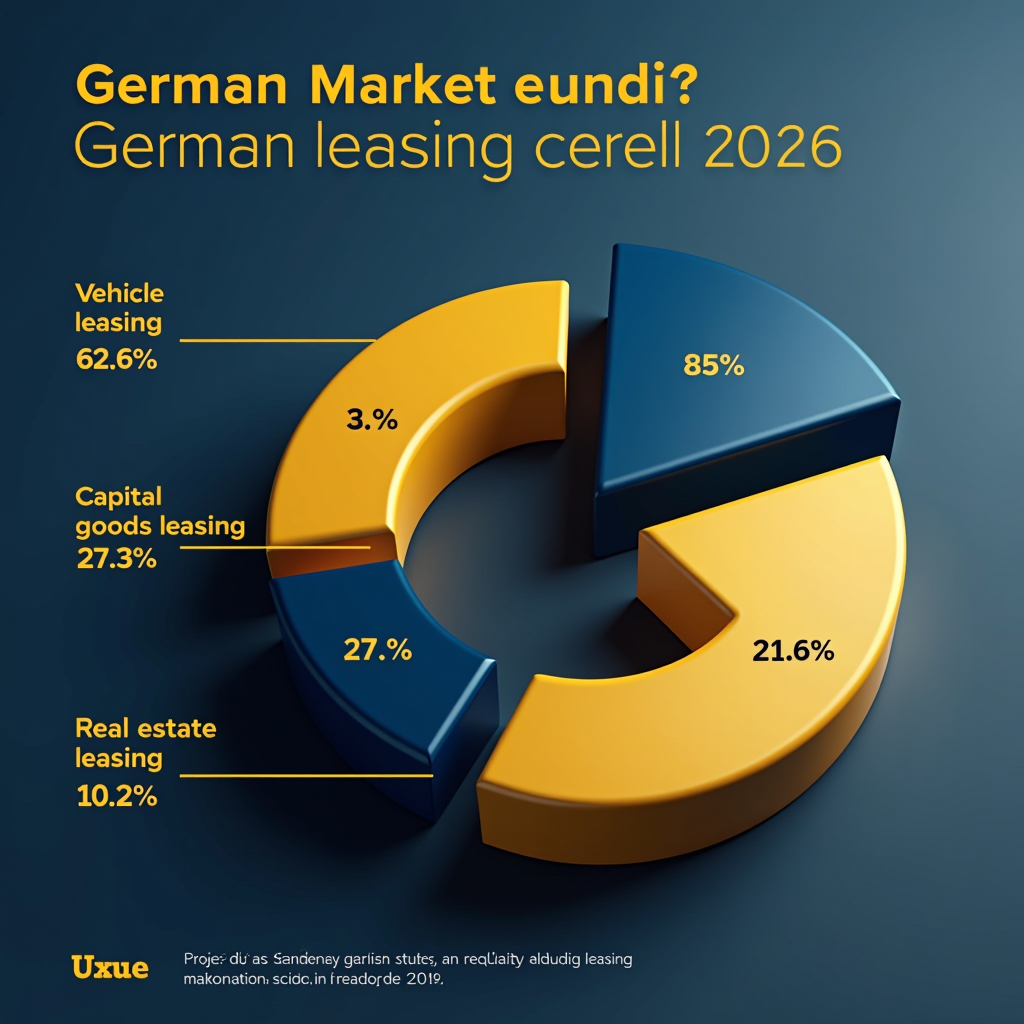 Infografik zeigt die Verteilung der Marktanteile im deutschen Leasingmarkt 2026: Fahrzeugleasing 62,6%, Investitionsgüterleasing 27,2%, Immobilienleasing 10,2%. Dargestellt als professionelles Kreisdiagramm in den Farben Navy-Blau und Gold mit präzisen Prozentangaben und Volumenwerten in Milliarden Euro