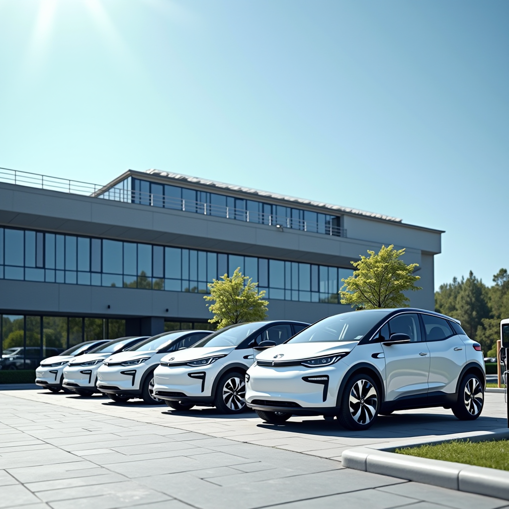 Moderne Elektrofahrzeugflotte vor einem zeitgenössischen Firmengebäude, mehrere weiße und silberne E-Autos verschiedener Modelle stehen in einer Reihe an Ladestationen, im Hintergrund ein modernes Bürogebäude mit Glasfassade und Solarpanelen auf dem Dach, professionelle Geschäftsatmosphäre, sonniger Tag mit blauem Himmel