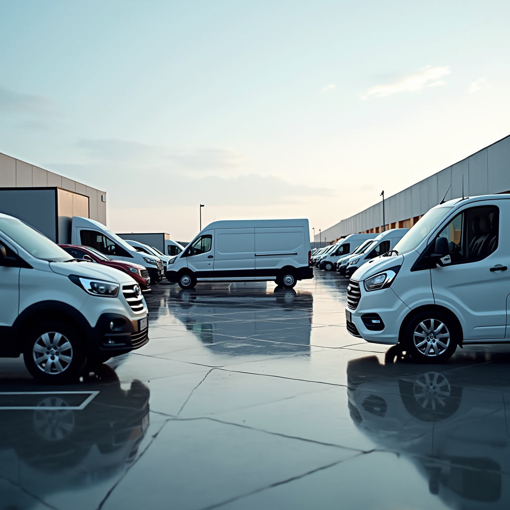 Moderne Firmenfahrzeuge auf einem professionellen Firmenparkplatz mit verschiedenen PKW, Transportern und Nutzfahrzeugen, die die Vielfalt der Leasingoptionen zeigen