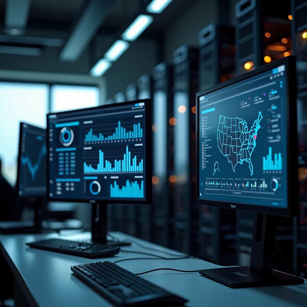 Moderner Büroarbeitsplatz mit mehreren Computermonitoren, die Datenanalysen und Geschäftssoftware anzeigen, elegante Server im Hintergrund, professionelle IT-Infrastruktur