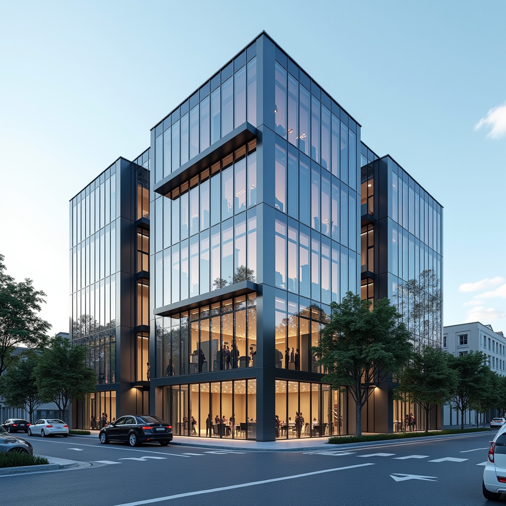 Modernes Gewerbegebäude mit Glasfassade, repräsentatives Bürogebäude mit zeitgenössischer Architektur, professionelle Immobilie für Unternehmen