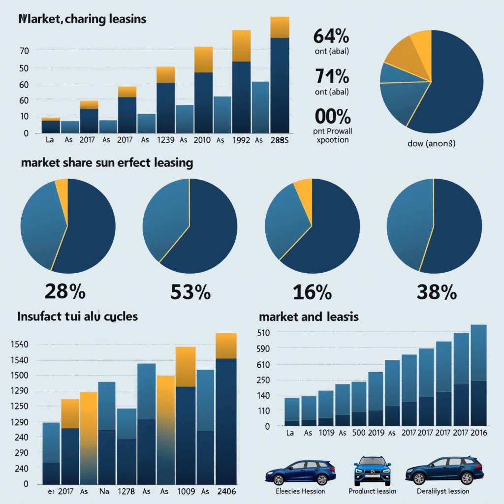 Infografik zeigt Balkendiagramme und Kreisdiagramme mit Marktanteilen verschiedener Leasingsegmente in Deutschland, professionelle Darstellung mit blauen und goldenen Akzenten, Wachstumskurven und Prozentangaben