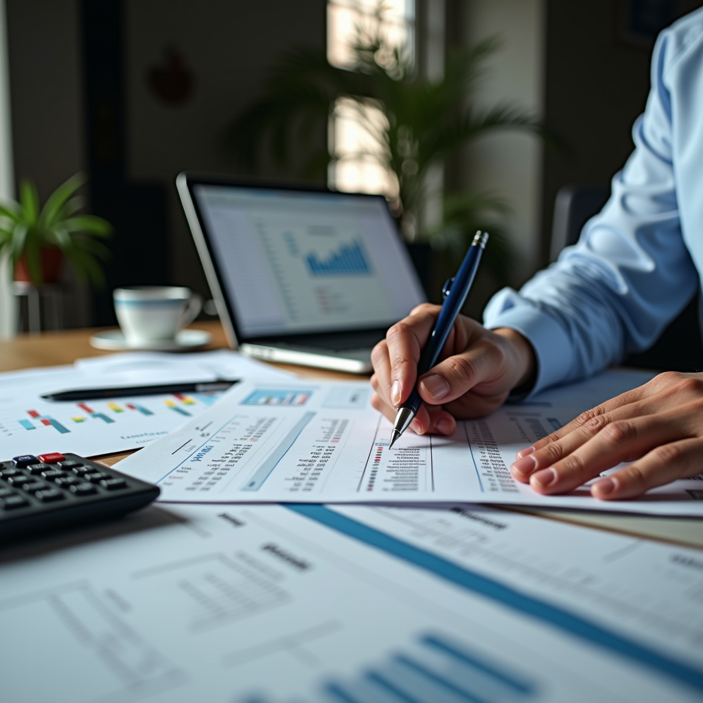 Geschäftsmann analysiert Finanzberichte und Rechnungen am Schreibtisch, professionelles Forderungsmanagement, Dokumente und Taschenrechner