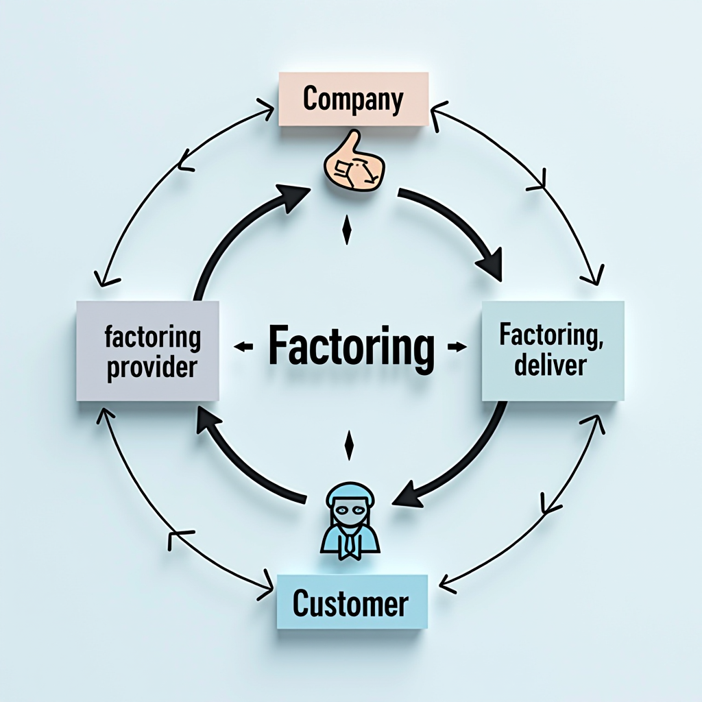 Flussdiagramm illustriert den Factoring-Prozess mit drei Hauptakteuren: Unternehmen, Factoring-Anbieter und Kunde, Pfeile zeigen Warenlieferung, Rechnungsverkauf und Zahlungsflüsse, moderne Business-Grafik in professionellem Stil