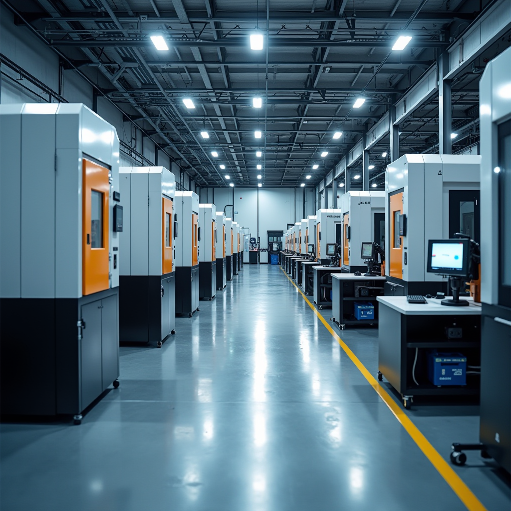 Moderne Produktionshalle mit hochmodernen Industriemaschinen und Fertigungsanlagen, CNC-Maschinen und Automatisierungstechnik in Betrieb