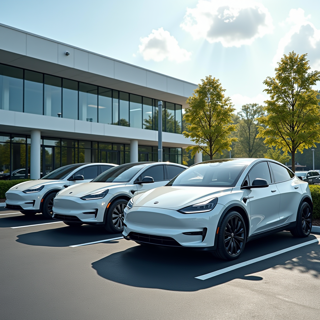 Moderne Elektrofahrzeugflotte auf Firmenparkplatz, mehrere elegante E-Autos in Reihe geparkt mit Ladestationen, zeitgenössisches Bürogebäude im Hintergrund, professionelle Geschäftsfotografie bei Tageslicht