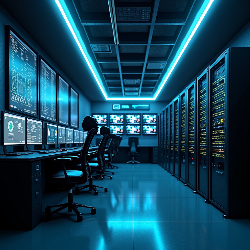 Modernes Büro mit neuester IT-Ausstattung, Computer-Arbeitsplätze, Server-Racks, Monitore und digitale Infrastruktur, professionelle Technologie