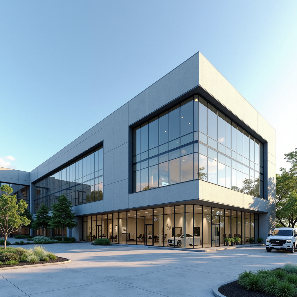 Moderne Gewerbeimmobilie, professionelles Bürogebäude mit Glasfassade, Produktionshalle und Logistikzentrum, gewerbliche Architektur